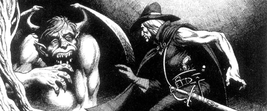 Solomon Kane konfronterar ett monster. Tecknad i svart bläck på vitt papper.